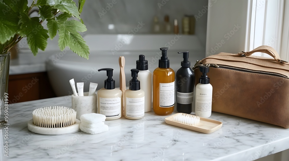 Travel-sized Toiletries: A collection of travel-sized toiletries arranged on a marble countertop with a travel bag beside them.
Travel-sized Toiletries: A collection of travel-sized toiletries arranged on a marble countertop with a travel bag beside them.