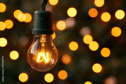 Glowing Christmas Light Bulb with Warm Bokeh Background