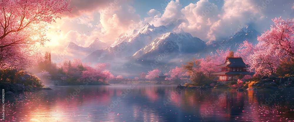 Tranquil scene of a lake reflecting the mountain peaks and a cherry ...