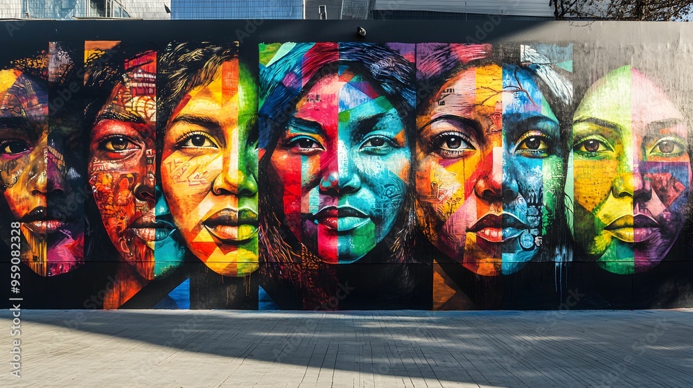 Fototapeta premium Vibrant Faces Mural on Urban City Wall