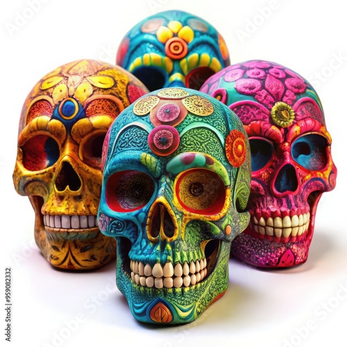 Colorful decorative skulls on a white background showcasing vibrant designs. Generative AI