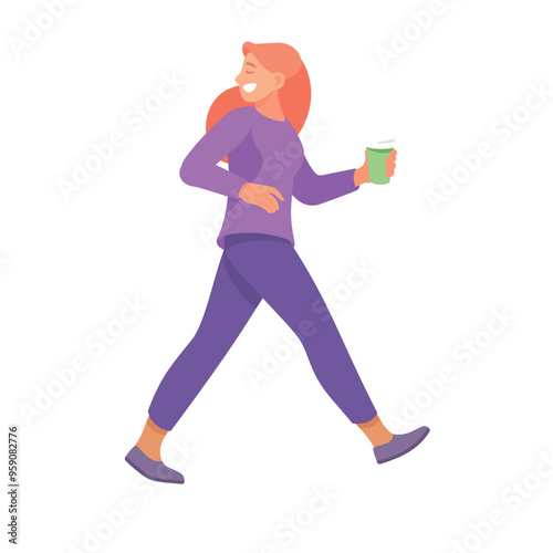 Happy Woman Walking with Coffee and Talking to Somebody Vector Illustration