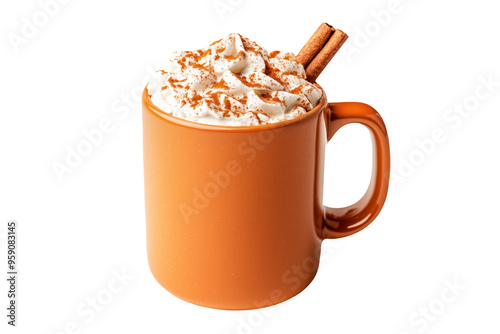 A pumpkin spice latte topped with whipped cream and cinnamon sticks isolated on white transparent background. Halloween beverage concept photo