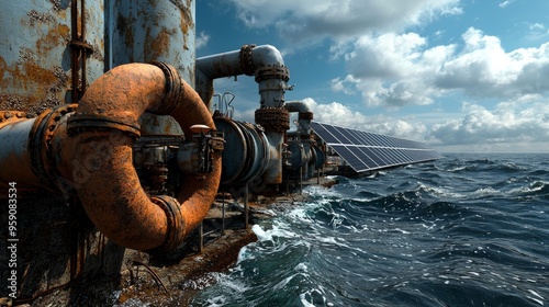 Rusty pipelines in the ocean beside solar panels under a cloudy sky Created with Generative AI. photo