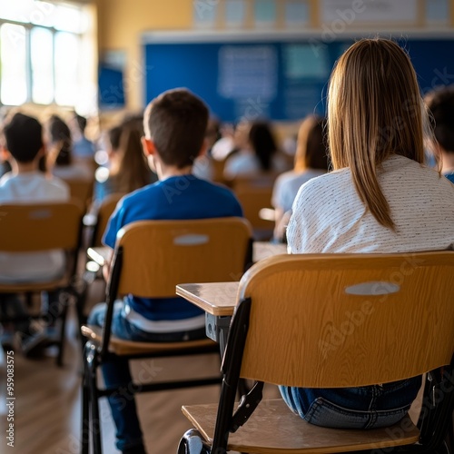 Rear view of students sitting in a classroom, listening to a lecture.  The students are focused on the lesson.  A bright classroom setting.