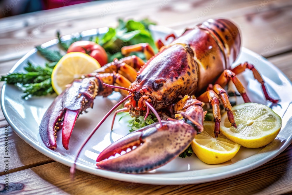 Tasty lobster with lemon and greens at a seaside restaurant. Generative AI Tasty lobster with lemon and greens at a seaside restaurant. Generative AI