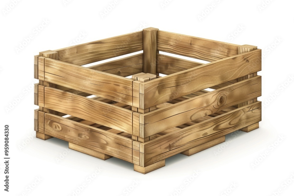 A simple wooden crate sits on a white background A simple wooden crate sits on a white background