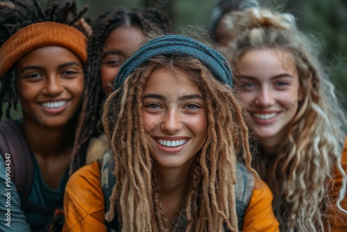  A Gen Z group engaged in a team-building activity outdoors, smiling and relaxed, emphasizing work-life balance and mental well-being. Generative AI