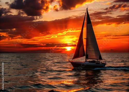 Sailboat glides across a black sea during a vibrant sunset with dramatic clouds. Generative AI