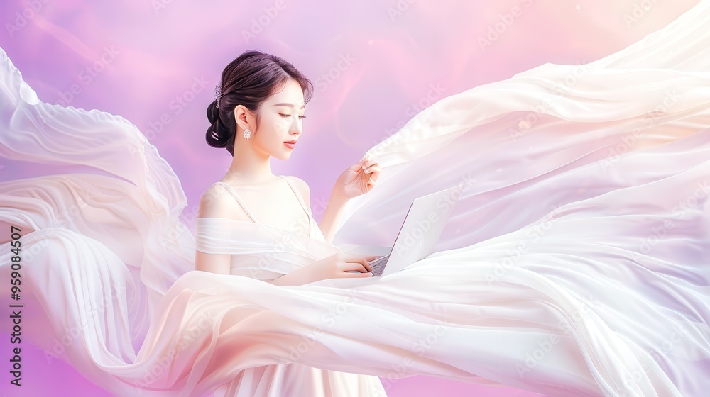 Young woman using digital tablet surrounded by flowing fabric Young woman using digital tablet surrounded by flowing fabric