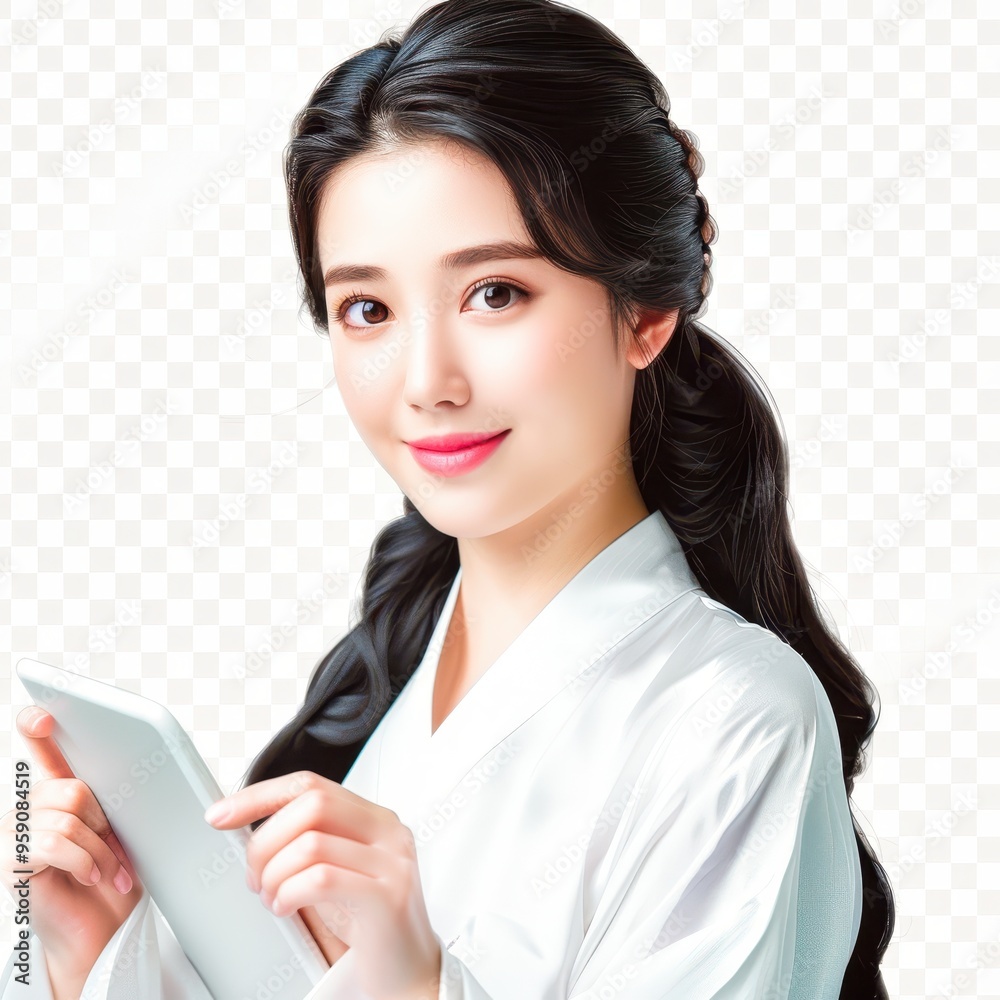 Young woman wearing traditional korean hanbok dress using digital tablet Young woman wearing traditional korean hanbok dress using digital tablet
