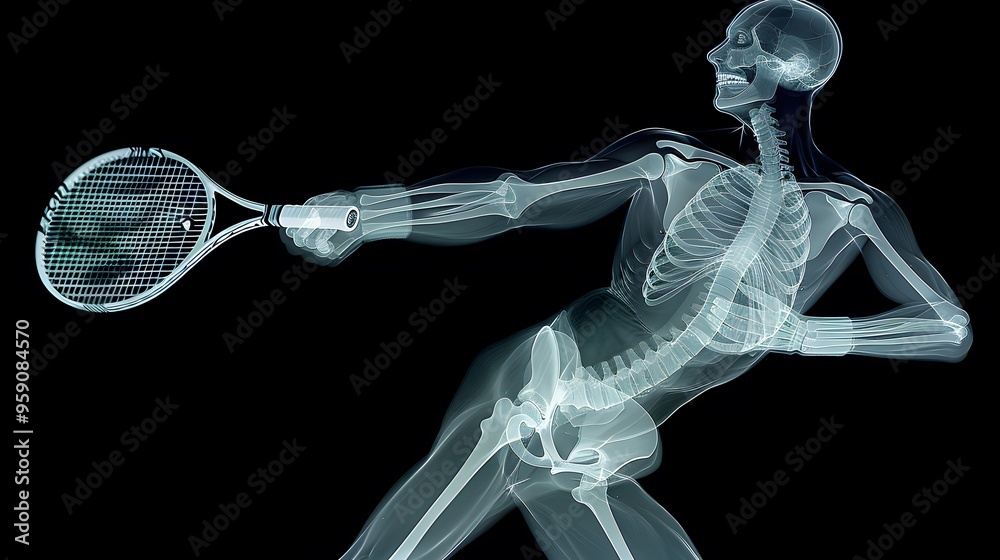 X-Ray of a Tennis Serve: An x-ray image of a tennis player serving, showing the detailed motion of the arm and racket.
X-Ray of a Tennis Serve: An x-ray image of a tennis player serving, showing the detailed motion of the arm and racket.