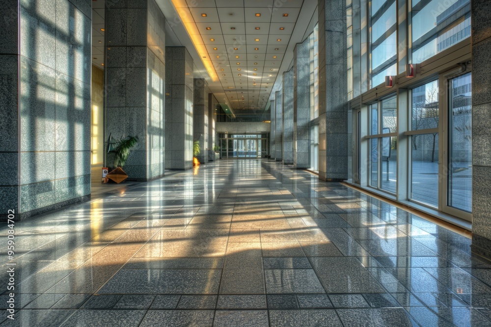A long hallway with many windows and a single potted plant A long hallway with many windows and a single potted plant