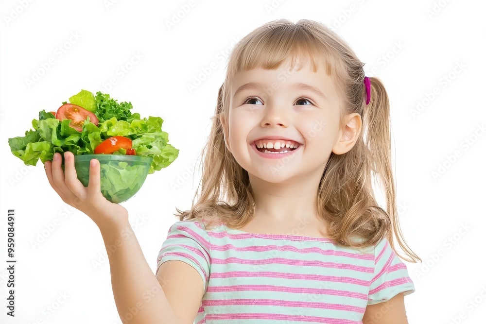 Happy child with healthy salad, promoting a balanced diet and fresh vegetables, isolated on white background. Happy child with healthy salad, promoting a balanced diet and fresh vegetables, isolated on white background.