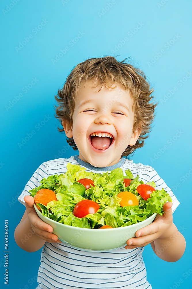 Happy child holding a bowl of fresh salad with tomatoes and lettuce, smiling joyfully against a blue background. Happy child holding a bowl of fresh salad with tomatoes and lettuce, smiling joyfully against a blue background.