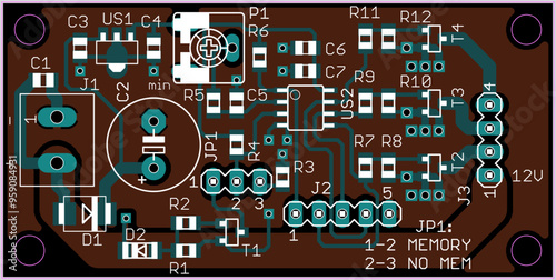 Vector printed circuit board of electronic 
device with components of radio elements, 
conductors and contact pads placed on pcb. 
Engineering technical drawing.  Electric background.