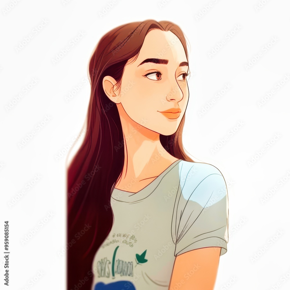 Beautiful young woman with long brown hair smiling and looking away Beautiful young woman with long brown hair smiling and looking away