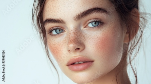 Close-up Portrait of a Woman with Freckles and Blue Eyes