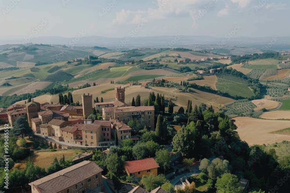 Obraz premium Aerial view of a small town surrounded by hills, suitable for travel or landscape photography