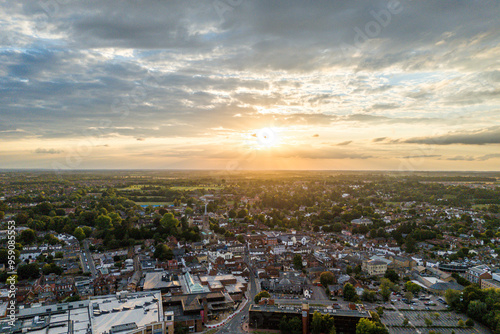 Aerial drone shot during sunset over the town of Bishops Stortford in England