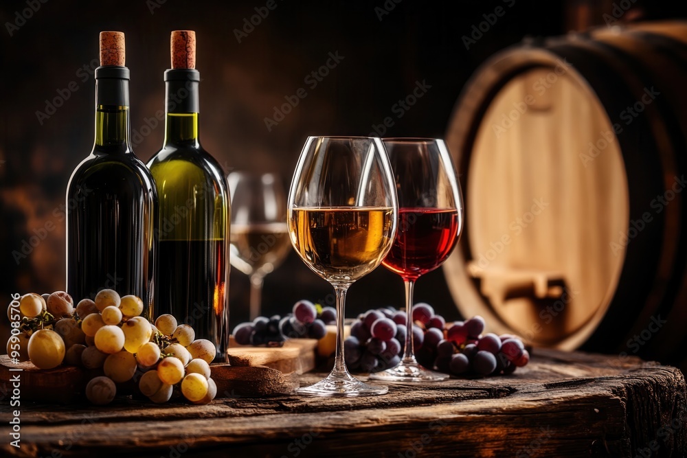 Obraz premium white and red wine tasting with red and white grapes in rustic winery setting, bottles and wine glasses