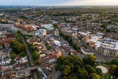 Aerial drone shot during sunset over the town of Bishops Stortford in England