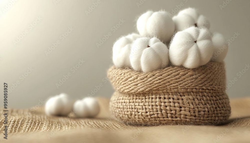 A cozy arrangement of white cotton balls in a burlap sack, creating a warm and inviting atmosphere for home decor. A cozy arrangement of white cotton balls in a burlap sack, creating a warm and inviting atmosphere for home decor.