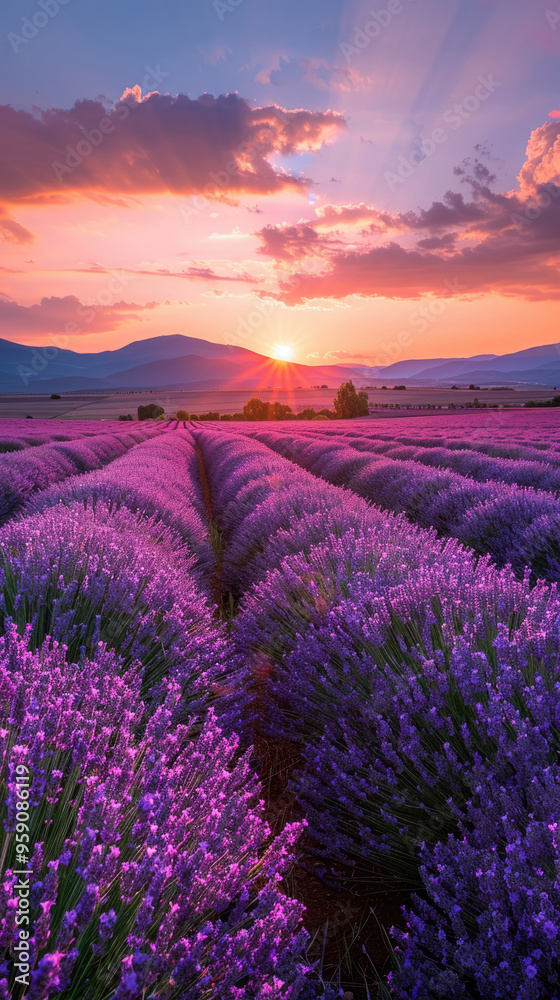 Obraz premium Blooming lavender fields in endless rows of Provence at sunset. Wallpaper for smartphone, photo screensaver for mobile phone.