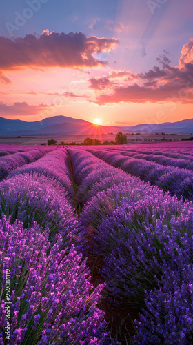Blooming lavender fields in endless rows of Provence at sunset. Wallpaper for smartphone, photo screensaver for mobile phone.