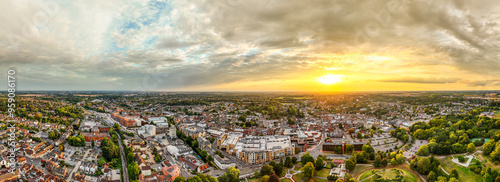 Aerial drone panorama shot during sunset over the town of Bishops Stortford in England