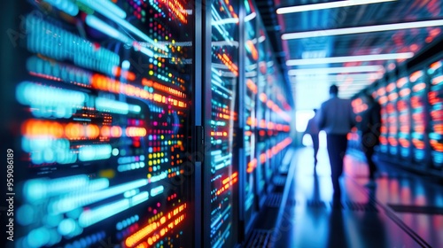 It engineers walking in server room with supercomputer servers working in data center