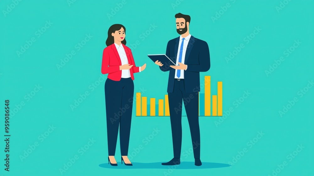 Fototapeta premium Loan investment portfolio, merchant explaining strategies, flat design illustration