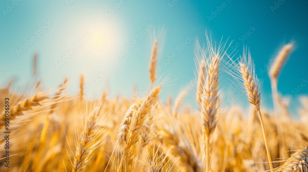 Close-up of golden wheat field with blue sky and sun in the background. Close-up of golden wheat field with blue sky and sun in the background.