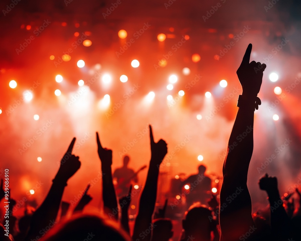 Silhouettes of a crowd with raised hands at a concert, bathed in bright stage lights. Silhouettes of a crowd with raised hands at a concert, bathed in bright stage lights.