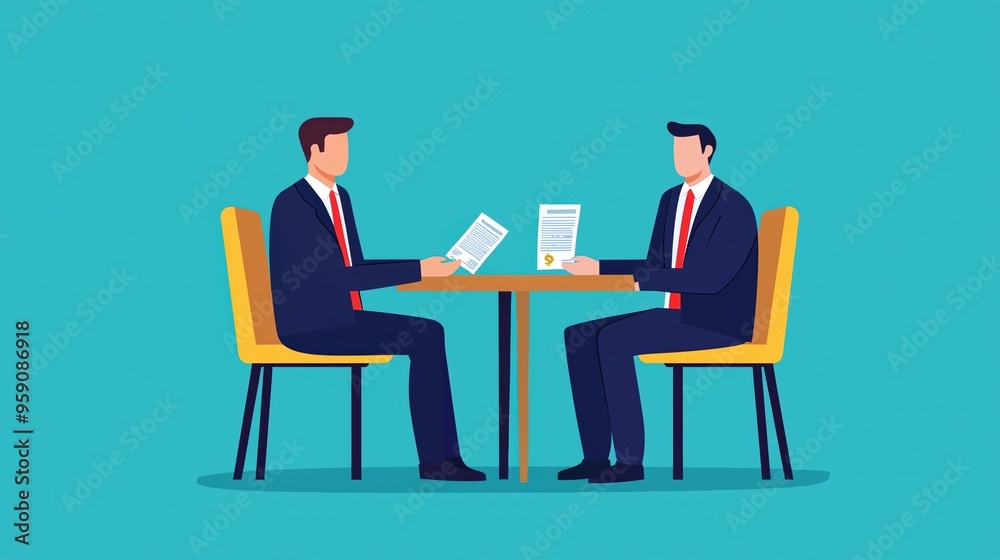 Financial adviser discussing loan repayment with investor, flat design illustration Financial adviser discussing loan repayment with investor, flat design illustration
