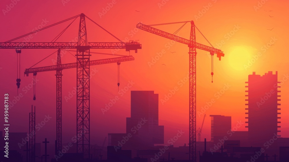 Silhouettes of construction cranes against a vibrant sunset sky, showcasing urban development and progress. Silhouettes of construction cranes against a vibrant sunset sky, showcasing urban development and progress.