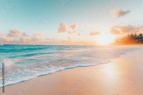 Tropical Honeymoon Island. Sunrise beach. Background of a travel destination.