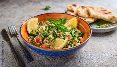 Lebanese tabbouleh, salad with parsley, tomatoes, mint bulgur, lemon wedges and pita bread.