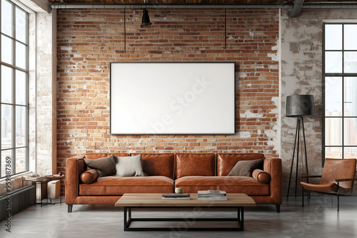 A industrial living room with exposed brick walls and interior. One large, white, horizontal photo frame on the wall. Mockup for photos and art.