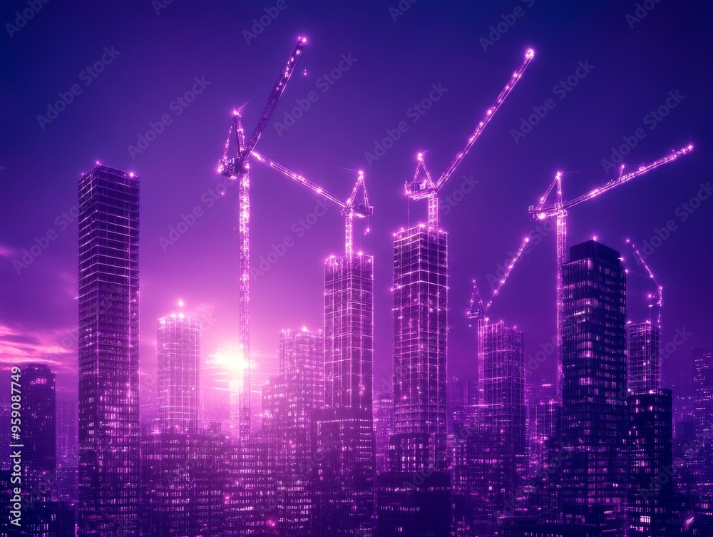 Silhouettes of skyscrapers under construction illuminated by a vibrant pink sunset. Cranes reach towards the sky, showcasing urban development. Silhouettes of skyscrapers under construction illuminated by a vibrant pink sunset. Cranes reach towards the sky, showcasing urban development.