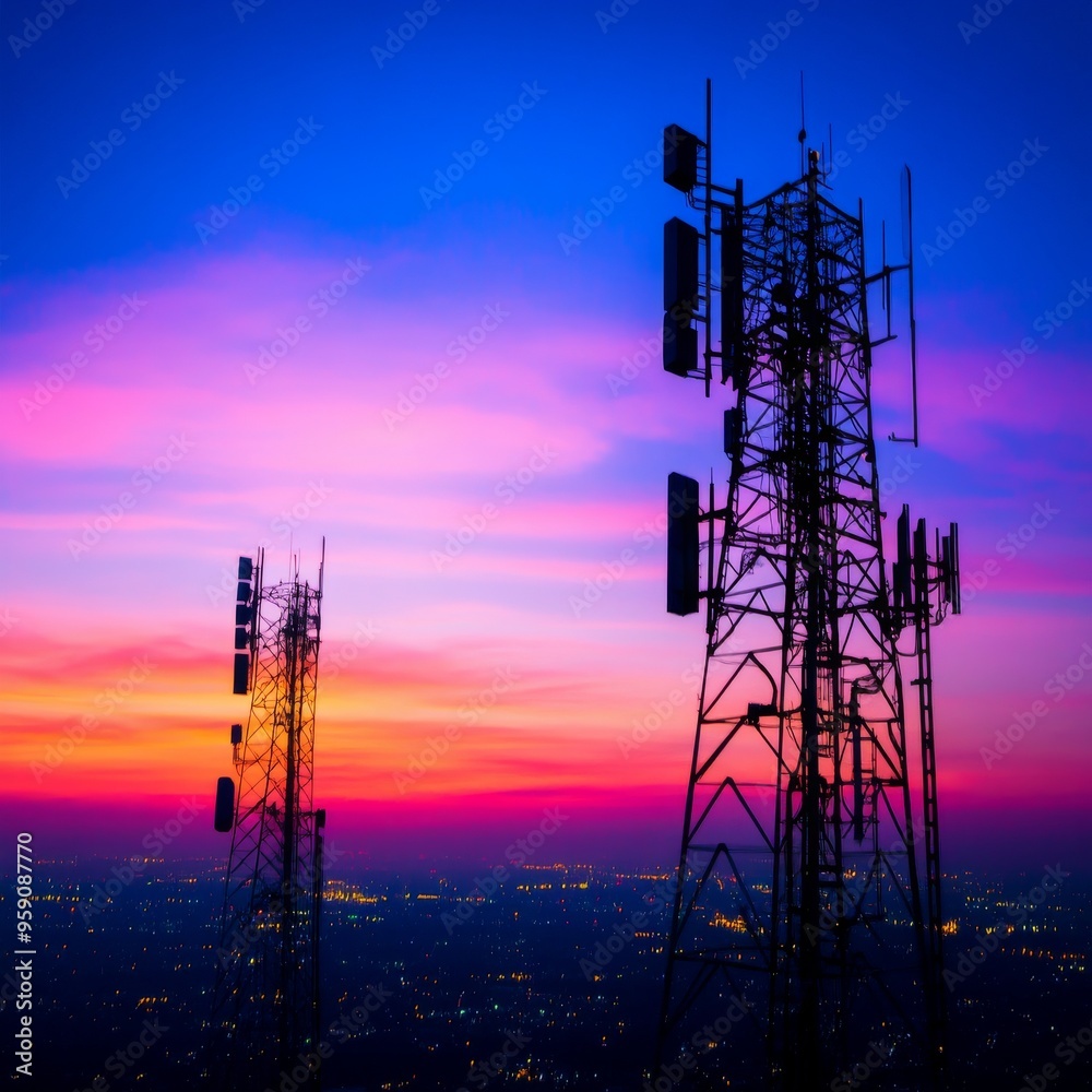 Fototapeta premium Silhouettes of two communication towers against a vibrant sunset sky. The towers stand tall over a cityscape.