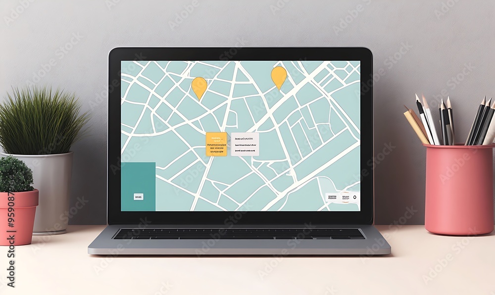 Fototapeta premium Laptop Displaying a Map with Two Location Markers