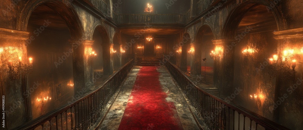 Obraz premium A Red Carpet Pathway Leading Through a Dimly Lit, Aged Mansion