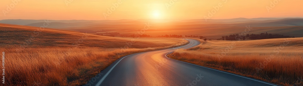 Naklejka premium A scenic winding road under a beautiful sunset, surrounded by golden fields and rolling hills, perfect for travel and adventure.
