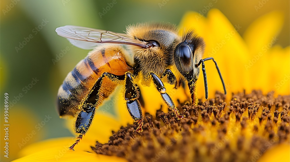 Highdetail macro shot of honeybee on a sunflower showing pollencovered legs and intricate wing patterns Highdetail macro shot of honeybee on a sunflower showing pollencovered legs and intricate wing patterns
