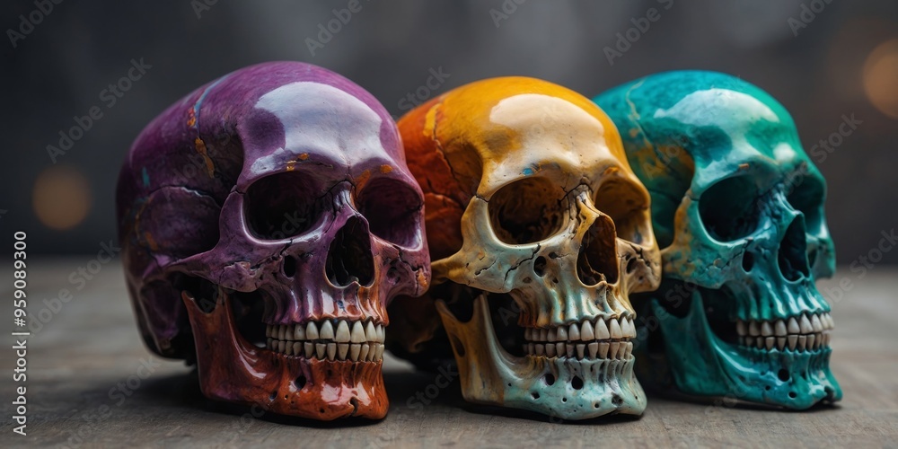 Four skulls with different designs and colors. Four skulls with different designs and colors.