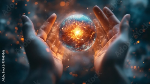 Hands releasing a glowing orb into a vast universe, symbolizing freedom, limitless possibilities, and release