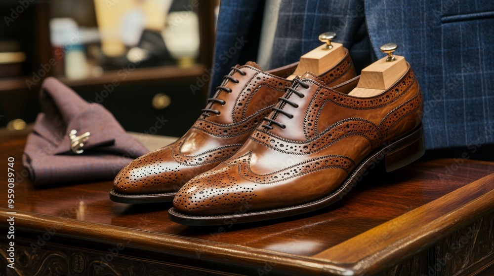 A classic pair of brogue shoes with intricate detailing, displayed on a polished wooden desk alongside a stylish suit and tie A classic pair of brogue shoes with intricate detailing, displayed on a polished wooden desk alongside a stylish suit and tie