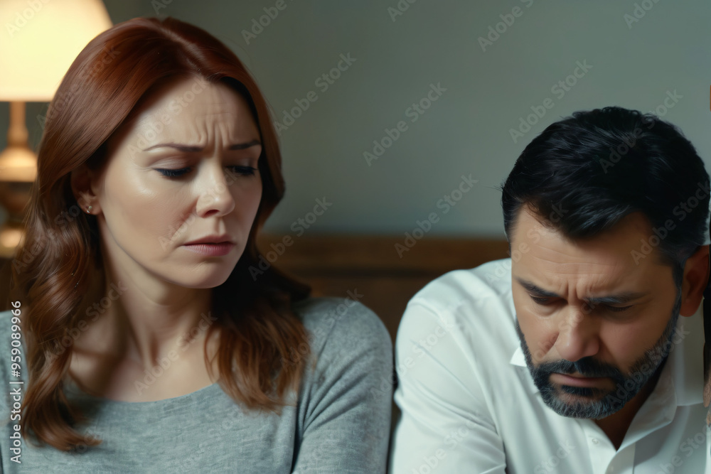 man and woman seated together, both with serious expressions. The man looks downward, appearing deeply troubled, while the woman glances toward him with concern. The lighting is soft, highlighting the man and woman seated together, both with serious expressions. The man looks downward, appearing deeply troubled, while the woman glances toward him with concern. The lighting is soft, highlighting the