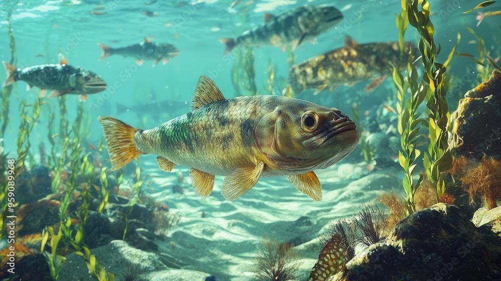 Fototapeta premium Jawless Fish and Early Sharks Swimming in Prehistoric Waters